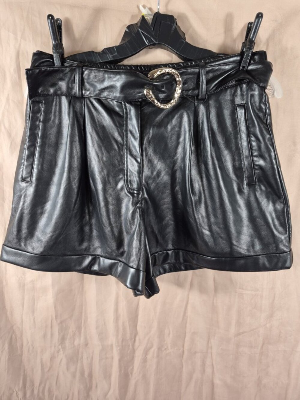 Rachel Zoe Women's Black Vegan Leather Gold Buckle Grunge Chic Shorts Size 12